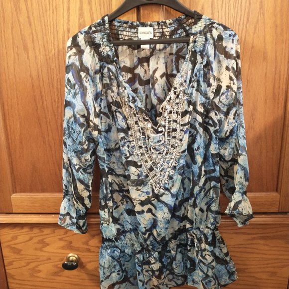 Chico's Tops - Chicos 1 Boho Semi Sheer Beaded Top Blue Silver Elastic Waist Size 2 (Large 12)